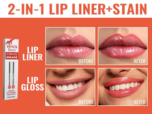 2pcs Lip Stain Peel Off - Lip Liner Stain Long Lasting Waterproof,2-in-1 Lip Liner with Tweezer Nude Matte,Non-Stick Cup,Highly Pigmented,Natural Finish,Stay On All Day,Perfect for Gift (Nude+Rose)