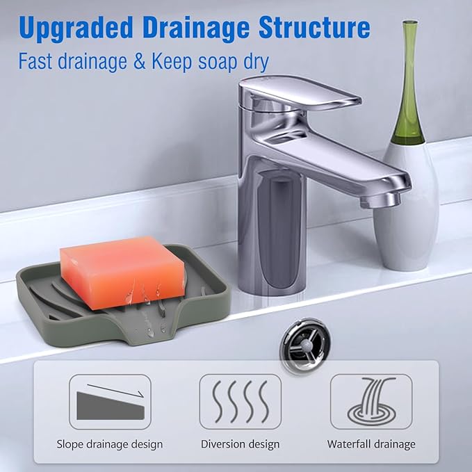 3-Pack Silicone Soap Dish Bar Soap Holder, Self Draining Soap Tray for Shower, Bathroom, Kitchen, Bathtub (Grey)