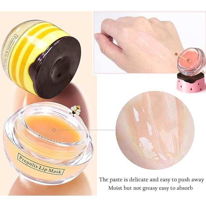 2PCS Bee Lip Balm Honey Pot & Strawberry Vitamin E Lip Sleep Masks Hydrating Prevention Dry and Cracked Lip Scrubs Exfoliator, Reduces Lip Lines,Lip Exfoliating Balm Sleeping Lip Mask