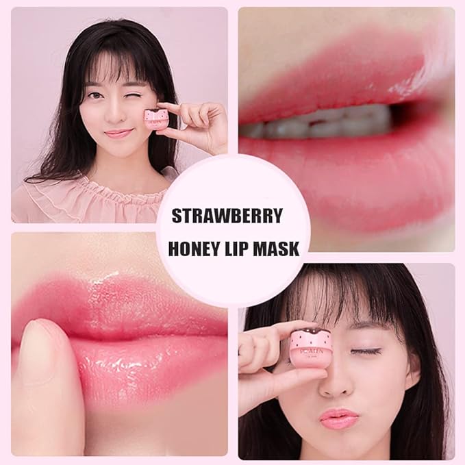 2Pcs Strawberry Vitamin E Lip Masks,Lip Balm Honey Pot,Hydrating & Prevention Dry and Cracked Lip Scrubs Exfoliator,Lip Sleep Mask Reduces Lip Lines,Lip Exfoliating Balm Sleeping Lip Mask