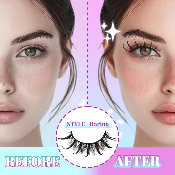 Losha Lashes Spiky Manga Lashes Wet Look Dramatic False Eyelashes 10 Pairs D Curl Cat Eye Lashes Kit with Lash Glue and Lash Tweezers Cosplay Anime Fake Eyelashes (Daring)