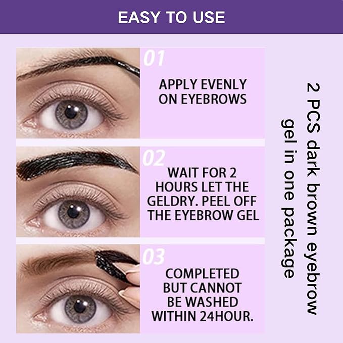 2 Pcs Dark Brown Easy Peel Off Eyebrow Gel, Tattoo Eyebrow Tint, Waterproof & Sweatproof Peel Off Tinted Eyebrow, Long-lasting Natural Color Up to 3 Days, Eyebrow Tattoo for All Skin Types (#01)