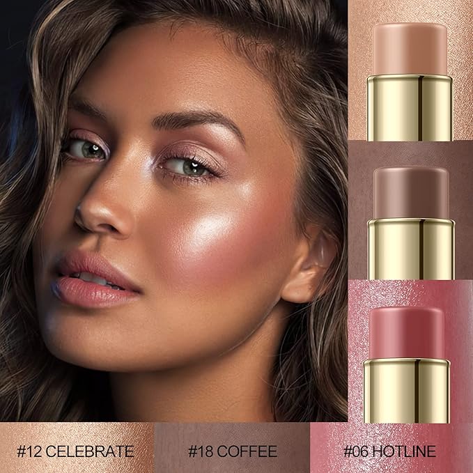 3 Pcs MEDIUM-DEEP Contour Stick Set,Cream Blush & Highlighter Bronzer Pen,Long Lasting & Smooth Natural Face Contouring Illuminator,Professional Makeup Kit for All Skin