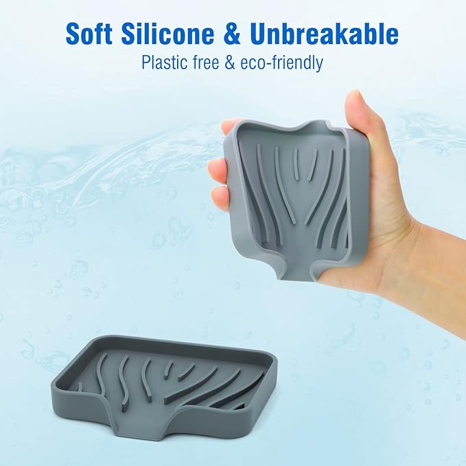 3-Pack Silicone Soap Dish Bar Soap Holder, Self Draining Soap Tray for Shower, Bathroom, Kitchen, Bathtub (Grey)
