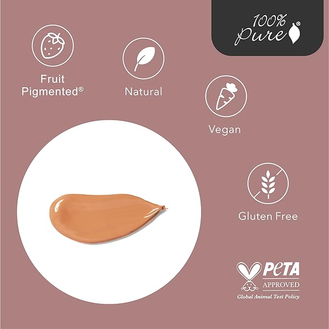 100% PURE Tinted Moisturizer Anti-Aging Face Makeup - Fruit Pigmented Golden Peach Light to Medium Coverage & Dewy Glow - Lightweight Foundation Medium-Tan Skin w/Yellow Undertone - Vegan - 1 Fl Oz