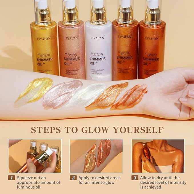 Liyalan Shimmer Body Oil Bronze Gold 5 Color Bronze 3.38 Fl Oz Face Glow Pearl Highlighter Illuminator body Makeup Shine Glitter Gold Liquid Taning