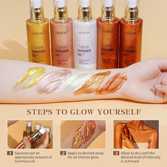 Liyalan Shimmer Body Oil Golden Brown 5 Color Bronze Face Glow Pearl Highlighter Illuminator Body Makeup Shine Glitter Gold Liquid Taning 3.38 Fl Oz