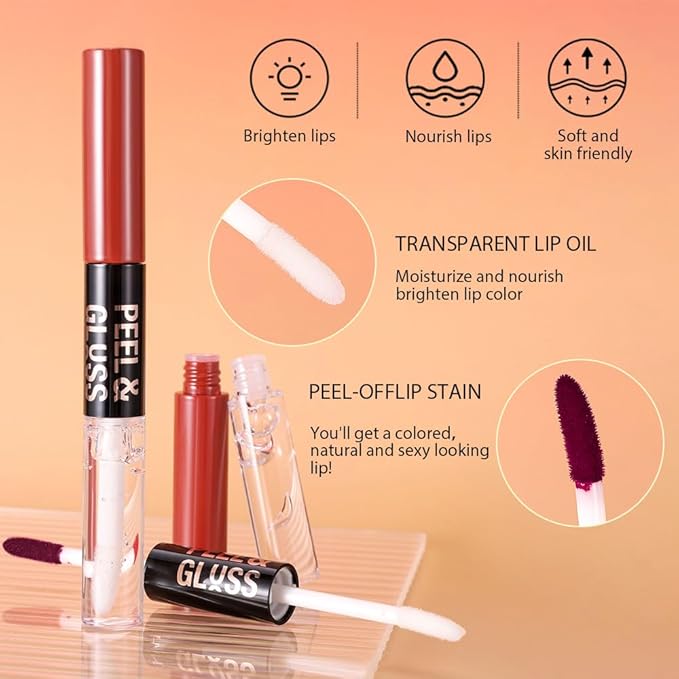 Maroon Lip Stain Peel Off Lip Gloss oil Dual-Ended Combo, Lips Liner Stain Peel Off Tattoo, Long Lasting & Waterproof, Transfer-Proof Lip Tint Stain with Lip oil for All Skin Type 07#
