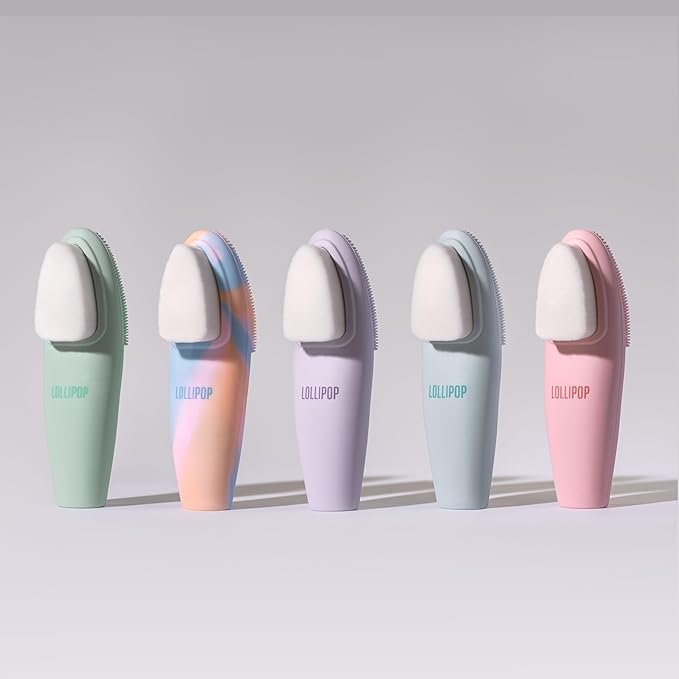 LOLLIPOP Dual-Sided Facial Cleansing Brush | Handle Size Silicone Face Exfoliator and Soft Fiber Cleanser | Manual Face Scrubber for Pores, Makeup Removal, Blackhead and Skincare Routine, Minty