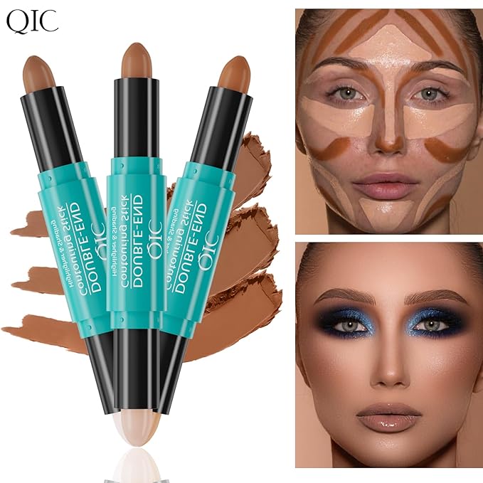 2-in-1 Contour & Highlighter Stick - Dual-Ended, Waterproof, Long-Lasting, for All Skin Tones (03# Nature colour + Light coffee)
