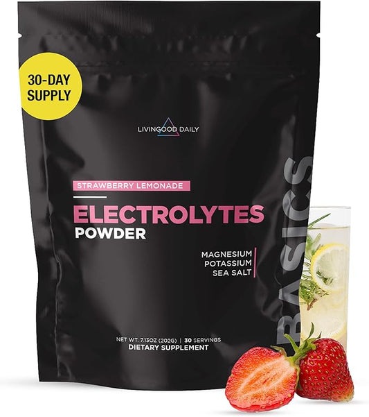 Livingood Daily Electrolytes Powder, Electrolytes Hydration Drink Mix with Vitamin C, Magnesium, Taurine & Sea Salt, Electrolyte Supplement for Energy & Hydration, Keto, Strawberry Lemonade, 30 Srvgs