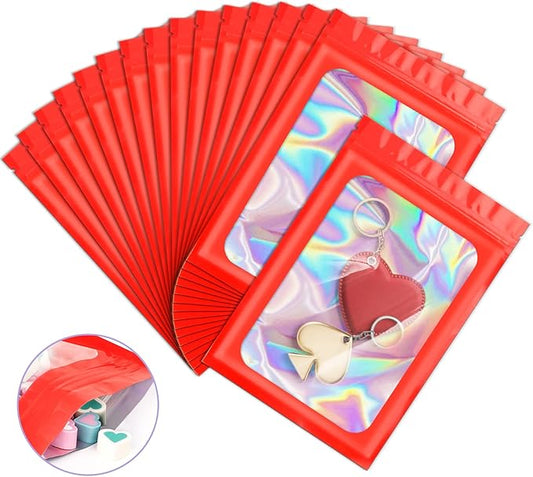 100 Pieces Smell Proof Mylar Resealable Bags, Holographic Packaging Bags, Resealable Odor Foil Pouch Zip Bag with Clear Window for Food Storage and Lipgloss, Jewelry Lash (Red, 3.5 x 6.3 Inch)