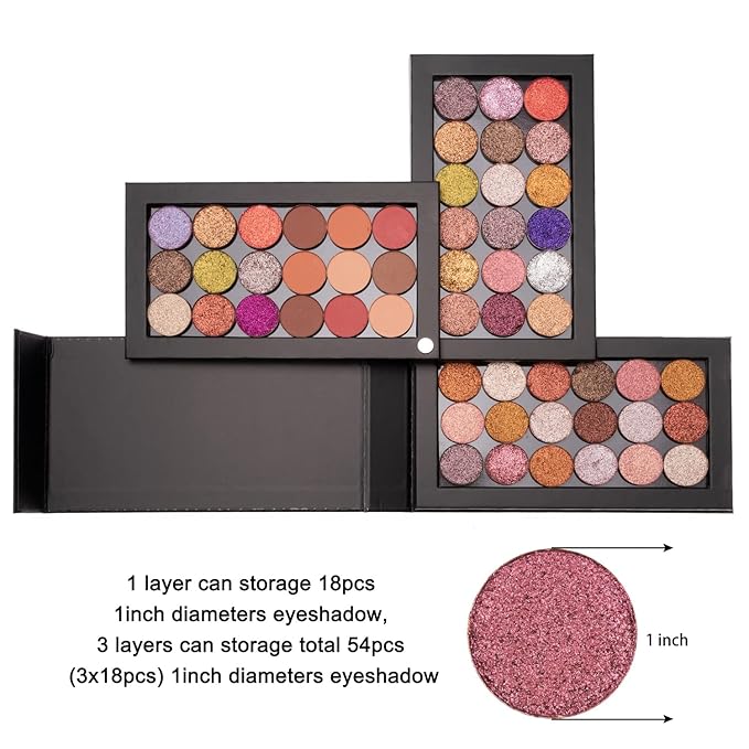 3-Layer Rotation Magnetic Palette 3 in1 Empty Makeup Palette Storage Box for Eyeshadow Lipstick Blush Powder (Black)