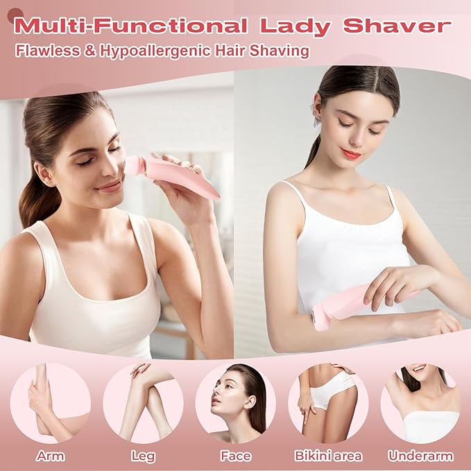 Livora Electric Shaver for Women,2 in 1 Wet & Dry Painless Hair Removal with 2 Removable Heads,Rechargeable Cordless Womens Razor for Bikini,Legs,Arms,Underarm Area,IPX7 Waterproof(Pink)
