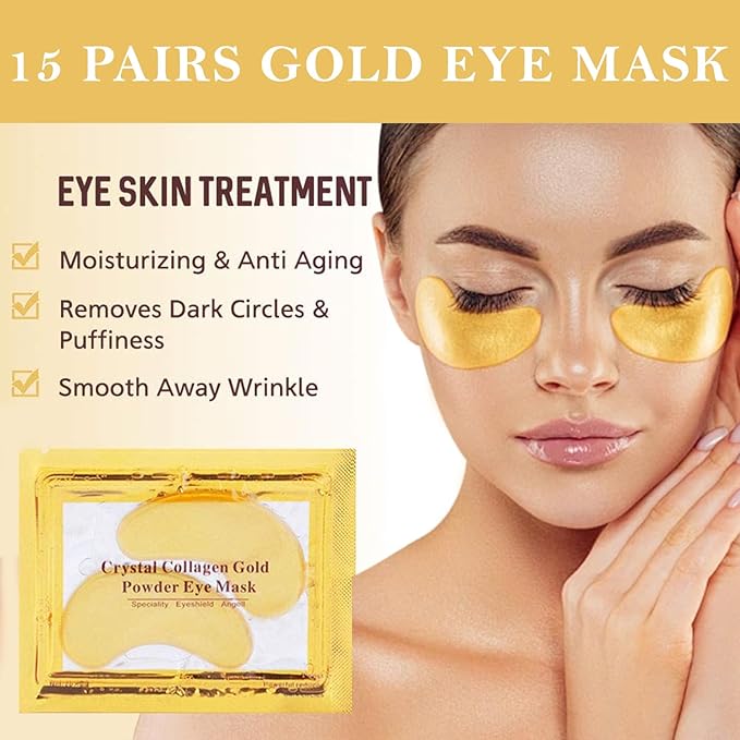 30 Pairs Lip Mask & Eye Mask, 24K Gold Gel Crystal Collagen Eye Pads for Puffy Eyes, Effectively Moisturizing the Lip & Eye Skin, Under Eye Patches for Dark Circles, Eye Bags, Wrinkles and Fine Lines