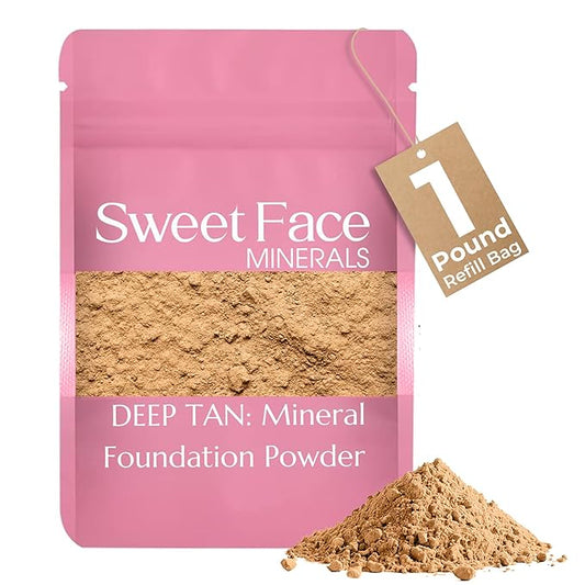 (1 Pound) (Deep Tan) Foundation Powder Refill By Sweet Face Minerals, Lightweight Mineral Loose Makeup Powder with SPF 20, Full Coverage Flawless Finish, Talc-free, Cruelty-Free, Refillable Pouch
