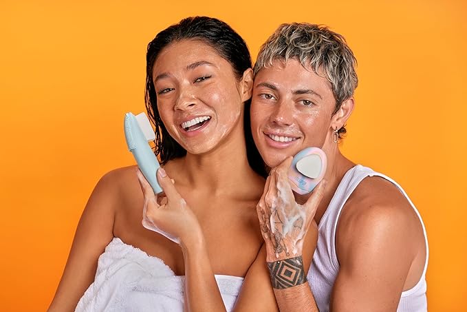 LOLLIPOP Dual-Sided Facial Cleansing Brush | Handle Size Silicone Face Exfoliator and Soft Fiber Cleanser | Manual Face Scrubber for Pores, Makeup Removal, Blackhead and Skincare Routine, Oceanic